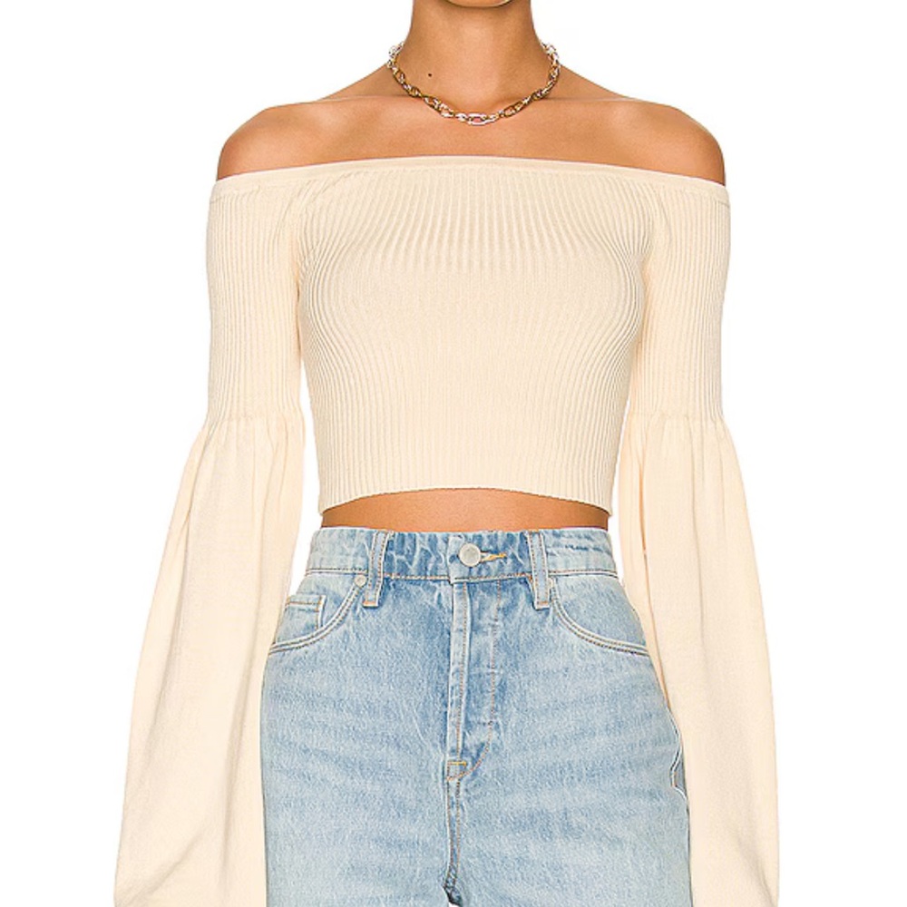 LPA Revolve Nalle Off Shoulder Sweater in Ivory Cream Off-Shoulder Ribbed Top